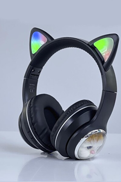 Torima HD11 Sevimli Kedi Karikatür Kulak Led Işıklı 5.3 Kulak Üstü Bluetooth Kulaklık Siyah