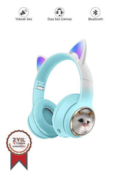 Torima HD11 Sevimli Kedi Karikatür Kulak Led Işıklı 5.3 Kulak Üstü Bluetooth Kulaklık Mavi