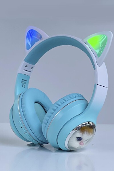 Torima HD11 Sevimli Kedi Karikatür Kulak Led Işıklı 5.3 Kulak Üstü Bluetooth Kulaklık Mavi
