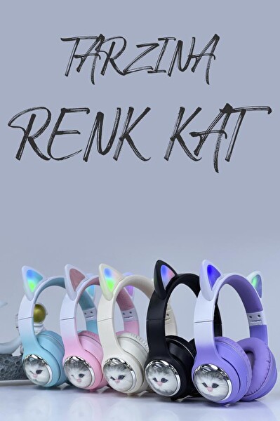 Torima HD11 Sevimli Kedi Karikatür Kulak Led Işıklı 5.3 Kulak Üstü Bluetooth Kulaklık Mavi
