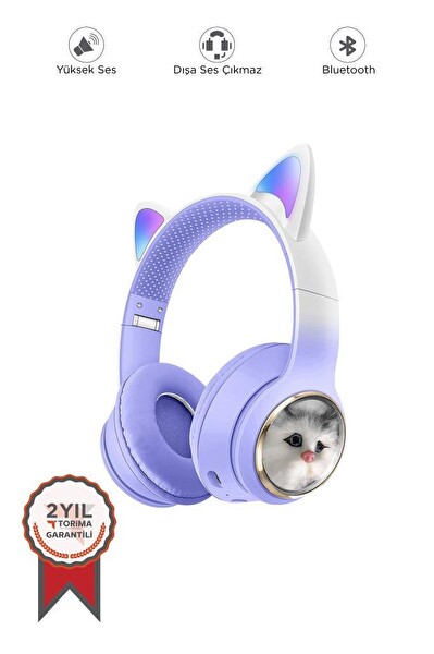 Torima HD11 Sevimli Kedi Karikatür Kulak Led Işıklı 5.3 Kulak Üstü Bluetooth Kulaklık Mor
