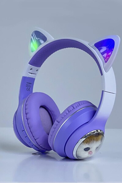 Torima HD11 Sevimli Kedi Karikatür Kulak Led Işıklı 5.3 Kulak Üstü Bluetooth Kulaklık Mor