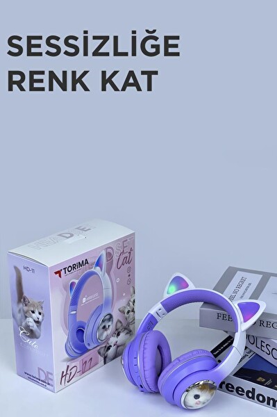 Torima HD11 Sevimli Kedi Karikatür Kulak Led Işıklı 5.3 Kulak Üstü Bluetooth Kulaklık Mor