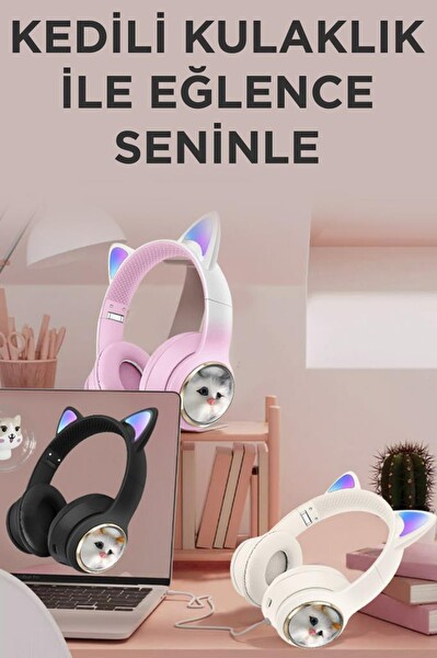 Torima HD11 Sevimli Kedi Karikatür Kulak Led Işıklı 5.3 Kulak Üstü Bluetooth Kulaklık Mor