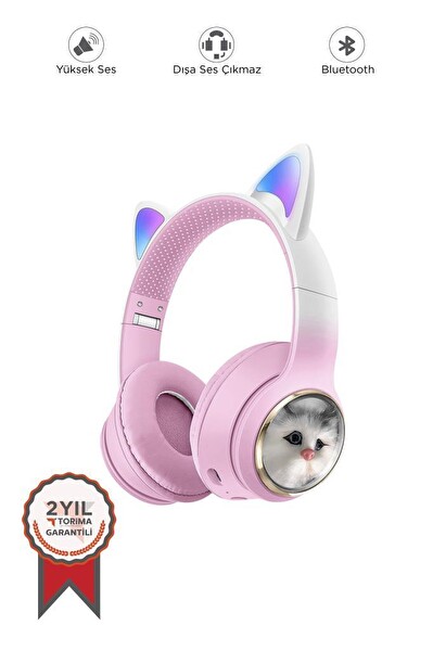 Torima HD11 Sevimli Kedi Karikatür Kulak Led Işıklı 5.3 Kulak Üstü Bluetooth Kulaklık Pembe