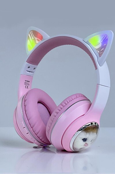 Torima HD11 Sevimli Kedi Karikatür Kulak Led Işıklı 5.3 Kulak Üstü Bluetooth Kulaklık Pembe