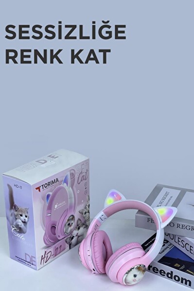 Torima HD11 Sevimli Kedi Karikatür Kulak Led Işıklı 5.3 Kulak Üstü Bluetooth Kulaklık Pembe