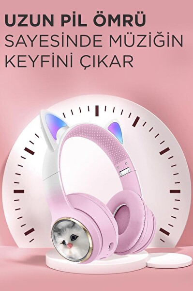 Torima HD11 Sevimli Kedi Karikatür Kulak Led Işıklı 5.3 Kulak Üstü Bluetooth Kulaklık Pembe