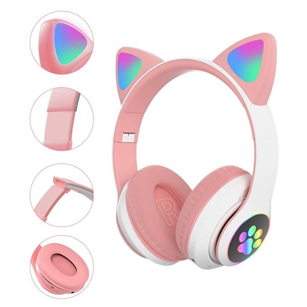 Ally 23M Kedi Kulak 5.0 Kablosuz Led Işıklı Kulak Üstü Bluetooth Kulaklık Pembe