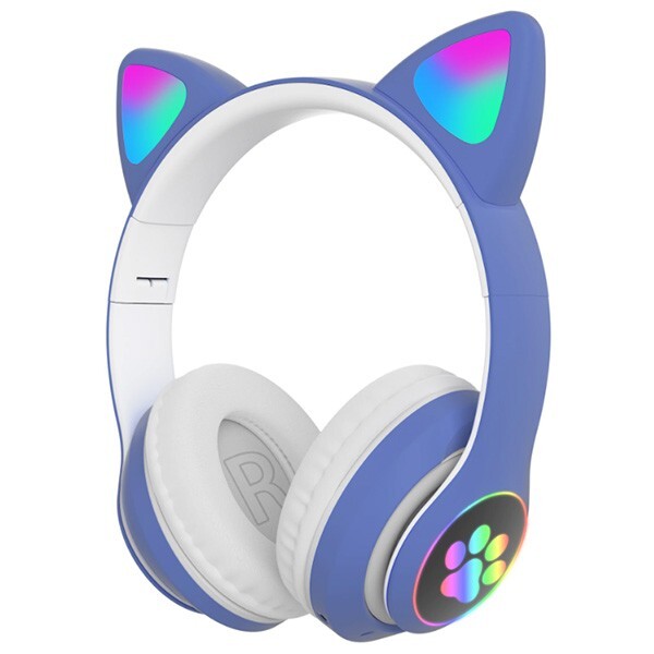 23M Kedi Kulak 5.0 Kablosuz Led Işıklı Kulak Üstü Bluetooth Kulaklık Mavi