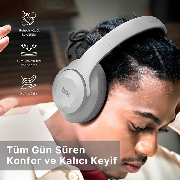 Bix Soundcraft BH2 Katlanabilir Hoparlör Özellikli EQ Mod Kablosuz 5.3 Kulak Üstü Bluetooth Kulaklık Buz Gri