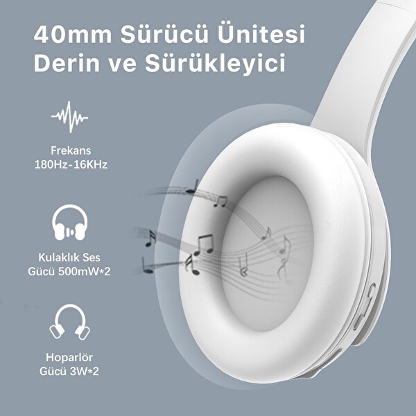 Bix Soundcraft BH2 Katlanabilir Hoparlör Özellikli EQ Mod Kablosuz 5.3 Kulak Üstü Bluetooth Kulaklık Buz Gri