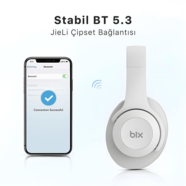 Bix Soundcraft BH2 Katlanabilir Hoparlör Özellikli EQ Mod Kablosuz 5.3 Kulak Üstü Bluetooth Kulaklık Buz Gri