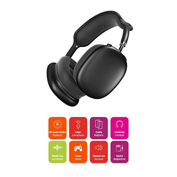 Polosmart PBS229 Kablosuz Bluetooth Şarjlı AUX TF Kart Girişli Kılıflı Kulak Üstü Kulaklık Siyah