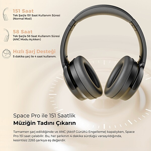 SoundPEATS Space Pro Hi-Res LDAC Bluetooth 5.4 TWS Kablosuz Kulak Üstü Kulaklık Siyah