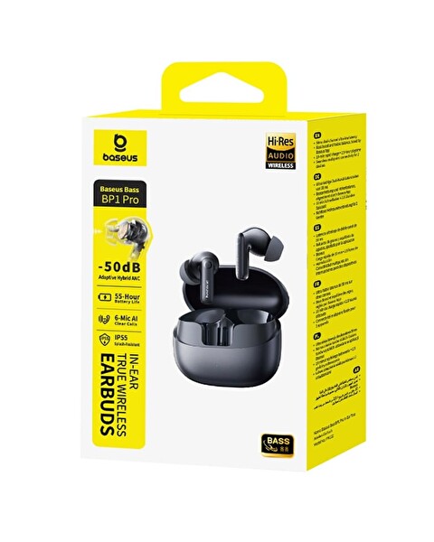 Baseus Bass BP1 Pro 50 dB Gürültü Engelleme 6 Mikrofonlu AI Net Arama IP55 55 Saat Oynatma 6.0 Bluetooth Kulaklık Siyah
