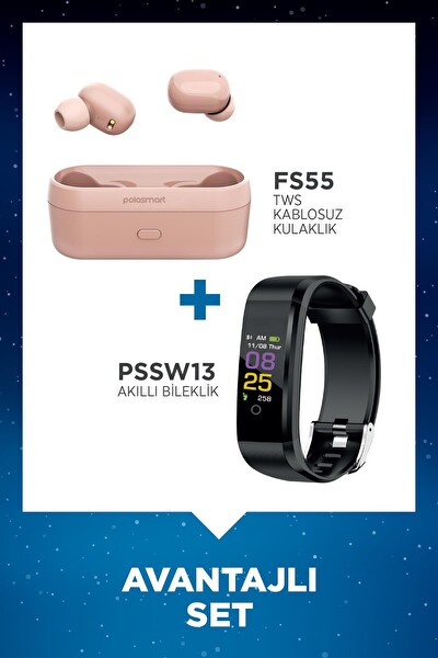 Polosmart FS55 Kablosuz Kulaklık Pembe - Polosmart PSSW13 Akıllı Bileklik Siyah Set