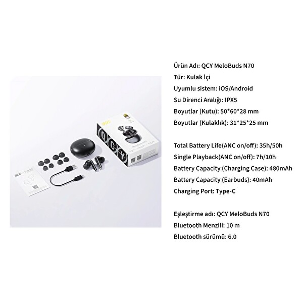 Qcy Melobuds N70 6.0 Kablosuz Şarj Özellikli Bluetooth Kulaklık - Siyah
