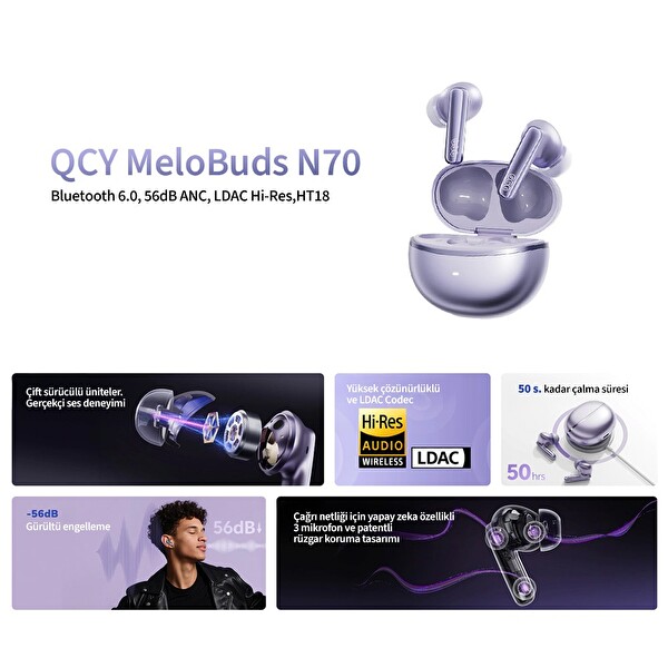 Qcy Melobuds N70 6.0 Kablosuz Şarj Özellikli Bluetooth Kulaklık - Gri