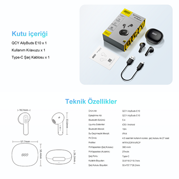 Qcy Ailybuds E10 Hi-res Ldac Çift Cihaz Oyun Modu 4 Mics Enc Siyah Bluetooth Kulaklık