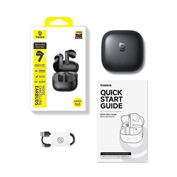Baseus Bass BS1 NC Kulak İçi Gürültü Engelleme Hibrit ANC LDAC 40 Saat Çalma 6.0 Bluetooth Kulaklık Cosmic Siyah