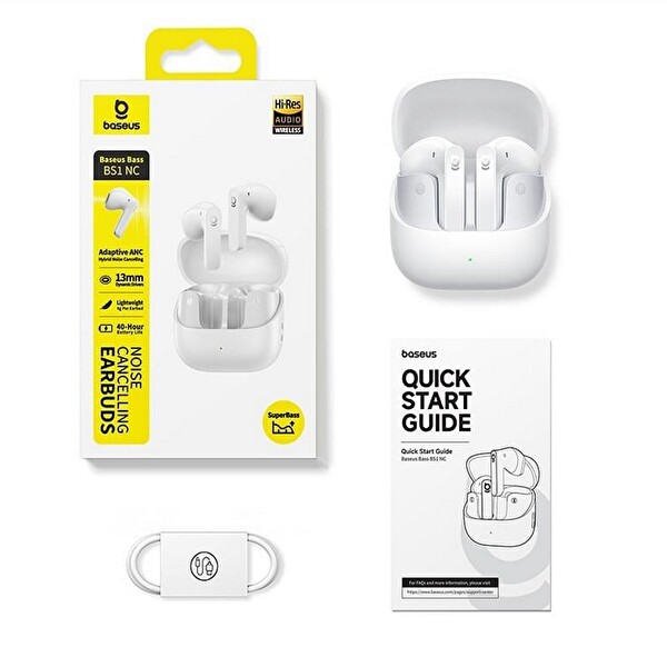 Baseus Bass BS1 NC Kulak İçi Gürültü Engelleme Hibrit ANC LDAC 40 Saat Çalma 6.0 Bluetooth Kulaklık Beyaz