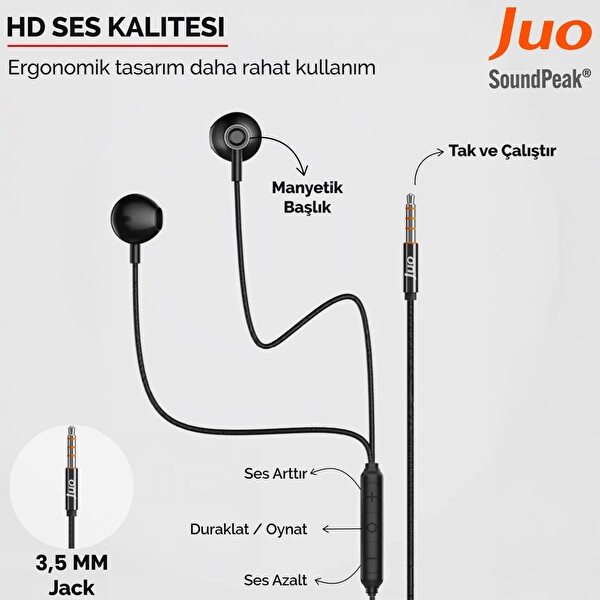 Juo 3.5 MM Jack Girişli Mikrofonlu Kablolu Kulak İçi Kulaklık Metal