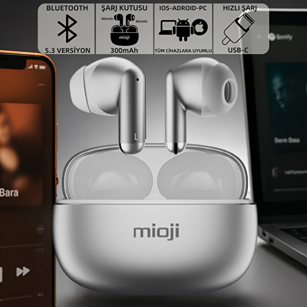 Mioji Air Buds 3 Kablosuz 5.3 IOS Android Windows PC ve Tüm Telefonlar ile Uyumlu Bluetooth Kulaklık - Gümüş