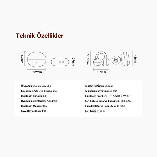 Qcy C50 Crossky 6.0 Çift Cihaz Çift Mıknatıs 35 Saat Dinleme Küpe Kulaklık Beyaz