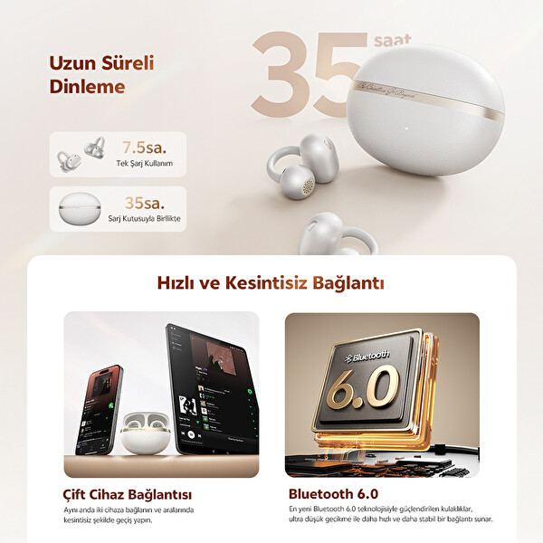 Qcy C50 Crossky 6.0 Çift Cihaz Çift Mıknatıs 35 Saat Dinleme Küpe Kulaklık Beyaz