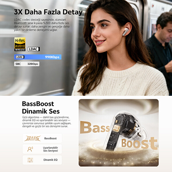 Qcy MeloBuds N60 6.0- BassBost - LDAC- Hi-res - 56dB ANC Bluetooth Kulaklık Siyah