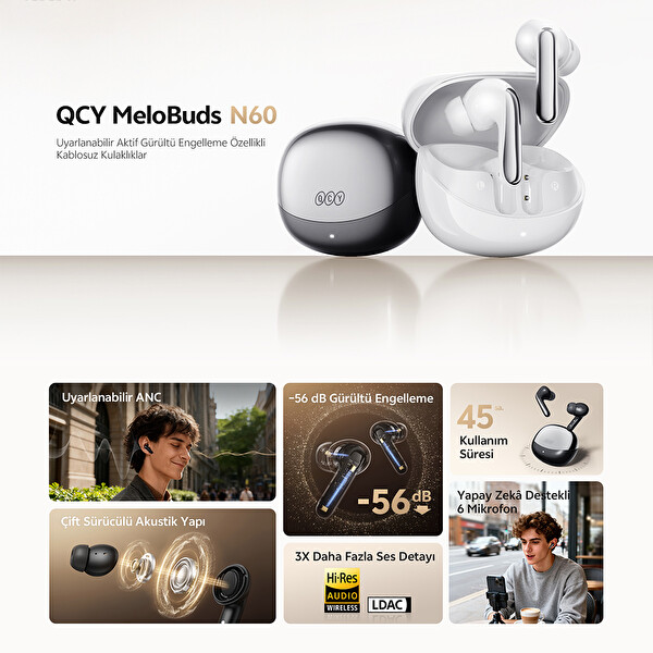Qcy MeloBuds N60 6.0- BassBost - LDAC- Hi-res - 56dB ANC Bluetooth Kulaklık Beyaz