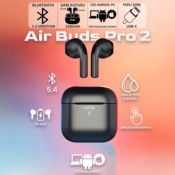 Mioji Air Buds Pro 2 Kablosuz 5.4 Bluetooth Kulaklık Siyah