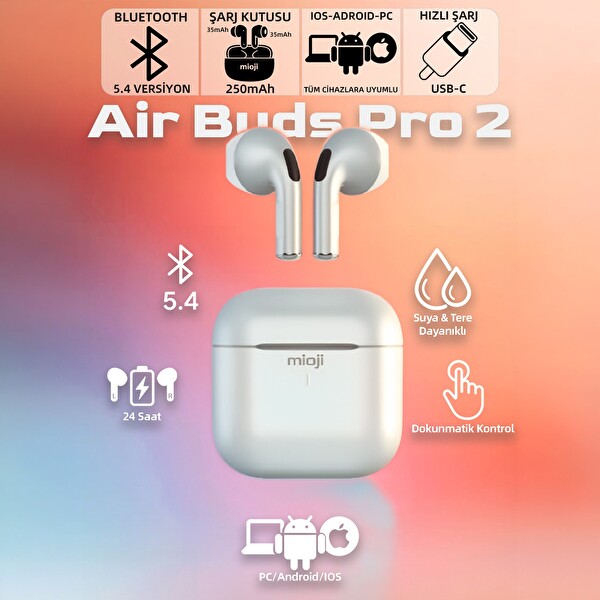 Mioji Air Buds Pro 2 Kablosuz 5.4 Bluetooth Kulaklık Gümüş
