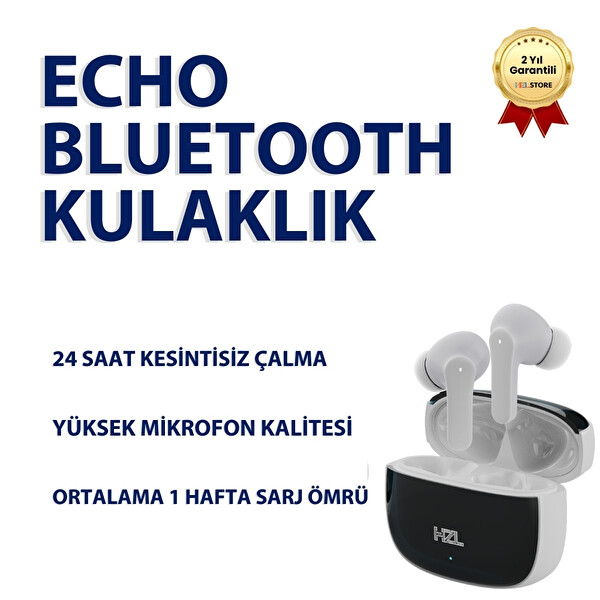 Hzl Store Echo IPX7 Uzun Pil Ömrü Yüksek Ses Kalitesi Ve Mikrofon Özellikli Bluetooth Kulaklık - Beyaz