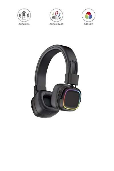 Başkenttekno HD-12 RGB Işıklı Güçlü Bas Kulak Üstü Kablosuz Bluetooth Kulaklık Siyah