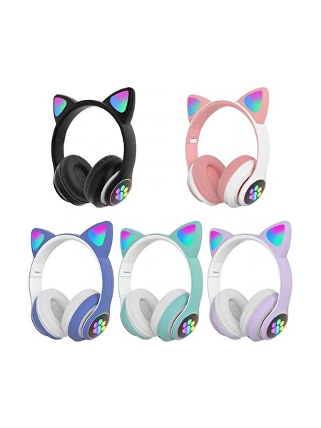 MIIQ2 Stn-28 SD Kart Girişli Bluetooth LED Işıklı Mikrofonlu Kedi Kulaklığı-Siyah