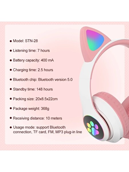 MIIQ2 Stn-28 SD Kart Girişli Bluetooth LED Işıklı Mikrofonlu Kedi Kulaklığı-Siyah