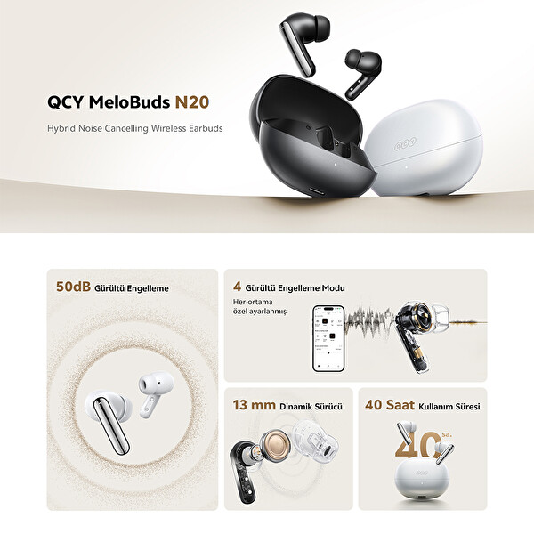 Qcy Melobuds N20 6.0 50 dB ANC 4 Mics. Çift Cihaz 40 Saat Dinleme Bluetooth Kulaklık Beyaz