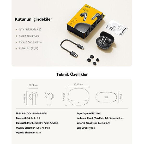 Qcy Melobuds N20 6.0 50 dB ANC 4 Mics. Çift Cihaz 40 Saat Dinleme Bluetooth Kulaklık Beyaz
