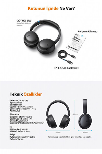 Qcy H2s Lite 6.0 ENC Net Çağrı - Çift Cihaz 40 MM Dinamik Sürücü Beyaz Bluetooth Kulaklık
