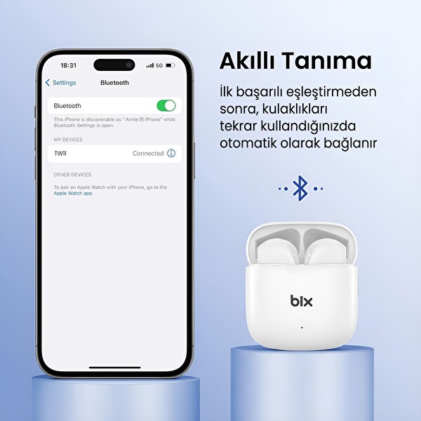 Bix TW11 Çift Mikrofon ENC Gürültü Engelleme 5.4 Kablosuz Kulak İçi Bluetooth Kulaklık Beyaz