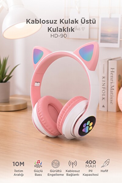 Başkenttekno HD90 Kulak Üstü Kedi Tasarımlı Bluetooth Kulaklık Pembe