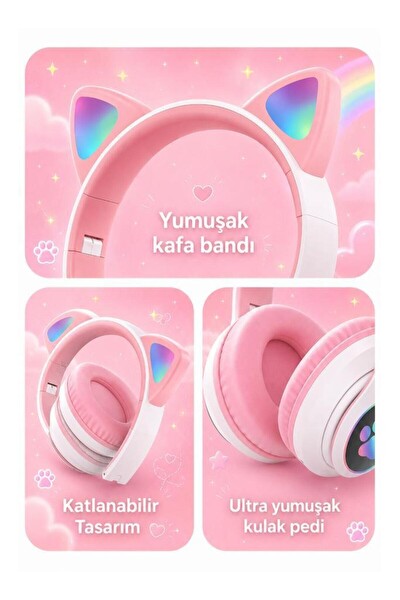 Başkenttekno HD90 Kulak Üstü Kedi Tasarımlı Bluetooth Kulaklık Pembe 3