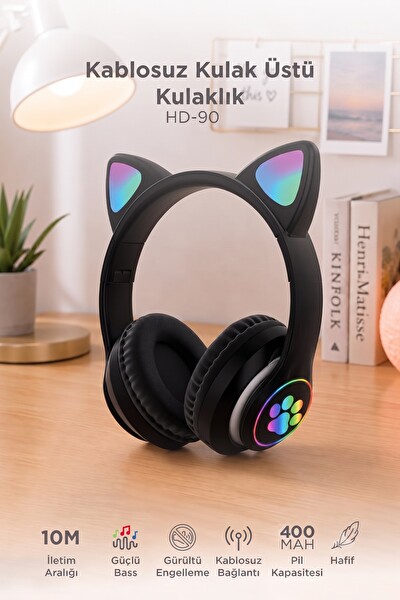 Başkenttekno HD90 Kulak Üstü Kedi Tasarımlı Bluetooth Kulaklık Siyah