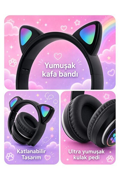 Başkenttekno HD90 Kulak Üstü Kedi Tasarımlı Bluetooth Kulaklık Siyah 3