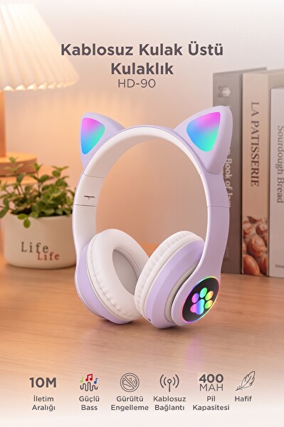 Başkenttekno HD90 Kulak Üstü Kedi Tasarımlı Bluetooth Kulaklık Mor