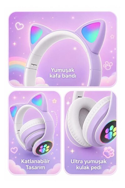 Başkenttekno HD90 Kulak Üstü Kedi Tasarımlı Bluetooth Kulaklık Mor 3