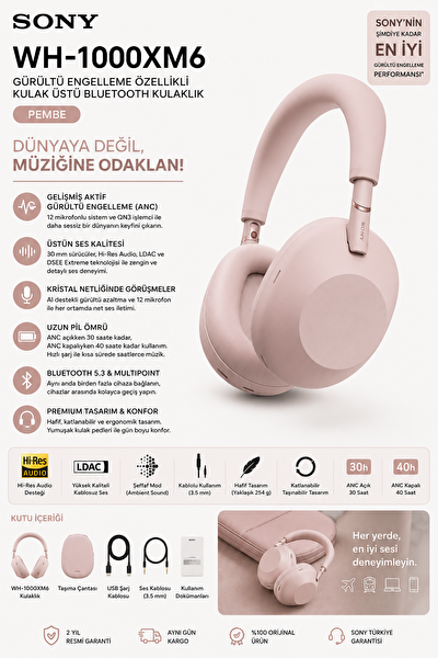 Sony WH-1000XM6 Gürültü Engelleme Özellikli Kulak Üstü Bluetooth Kulaklık Pembe