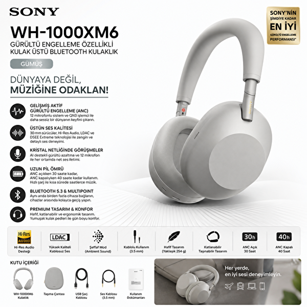 Sony WH-1000XM6 Gürültü Engelleme Özellikli Kulak Üstü Bluetooth Kulaklık Gümüş
